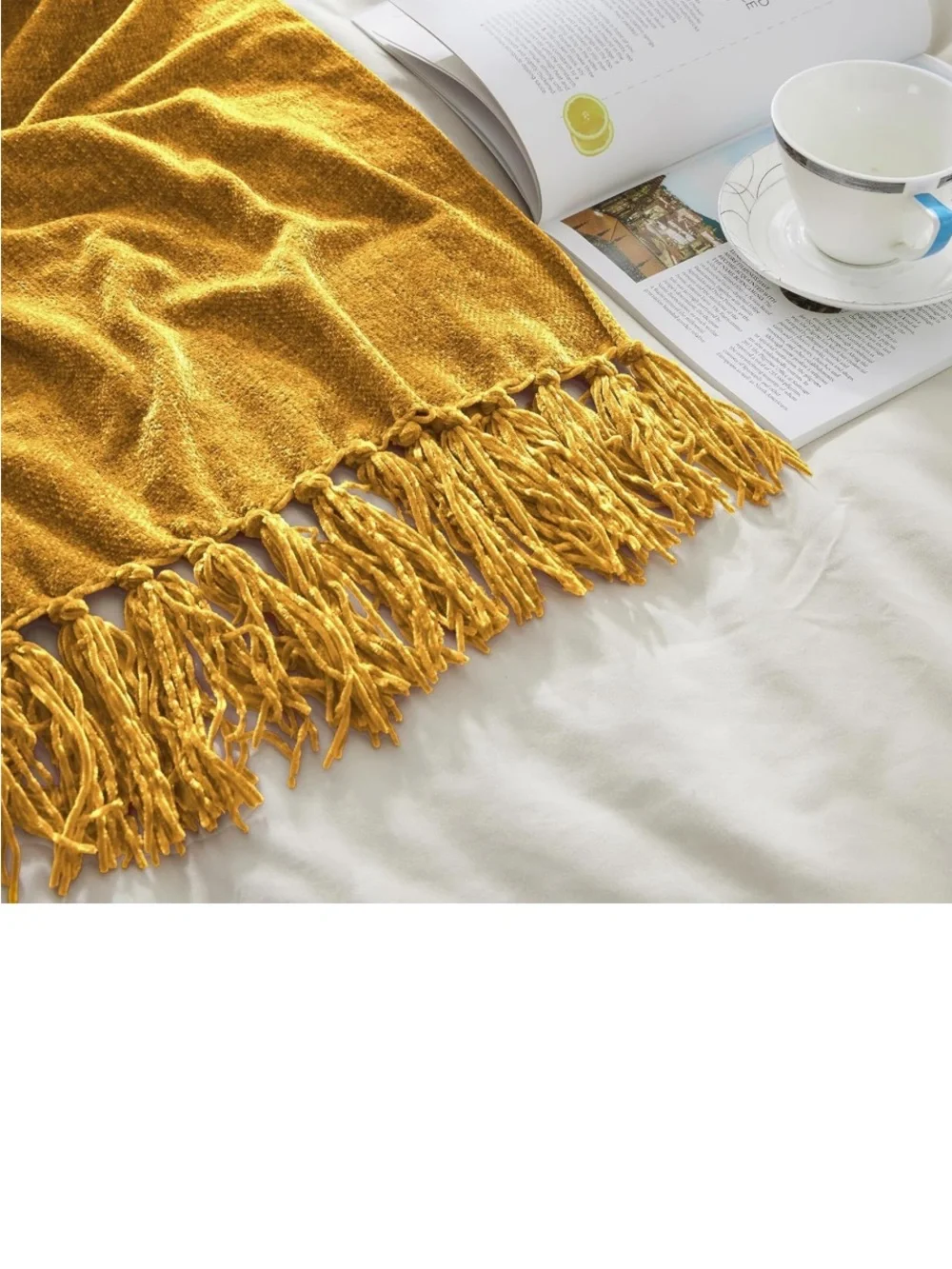Mustard Chenille Throw Blanket with Fringe